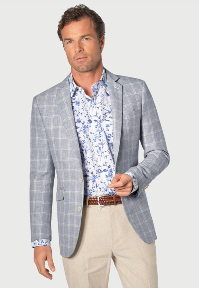 Tailored Fit Pigott Silver Blue Check Linen Blend Jacket