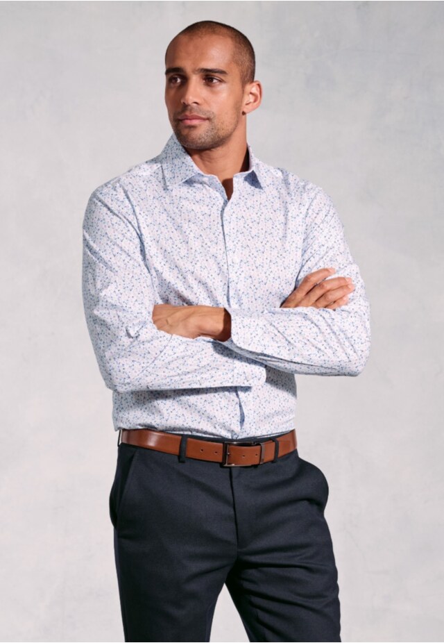 Tailored Fit Blue Ditsy Floral Print Stretch Cotton Shirt
