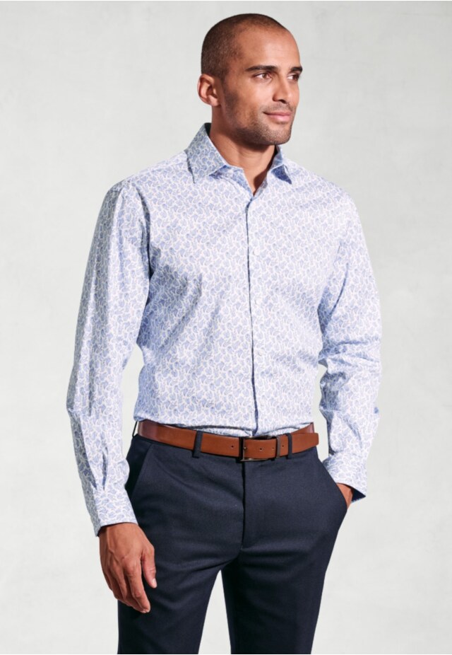 Regular Fit Blue Paisley Print Stretch Cotton Shirt