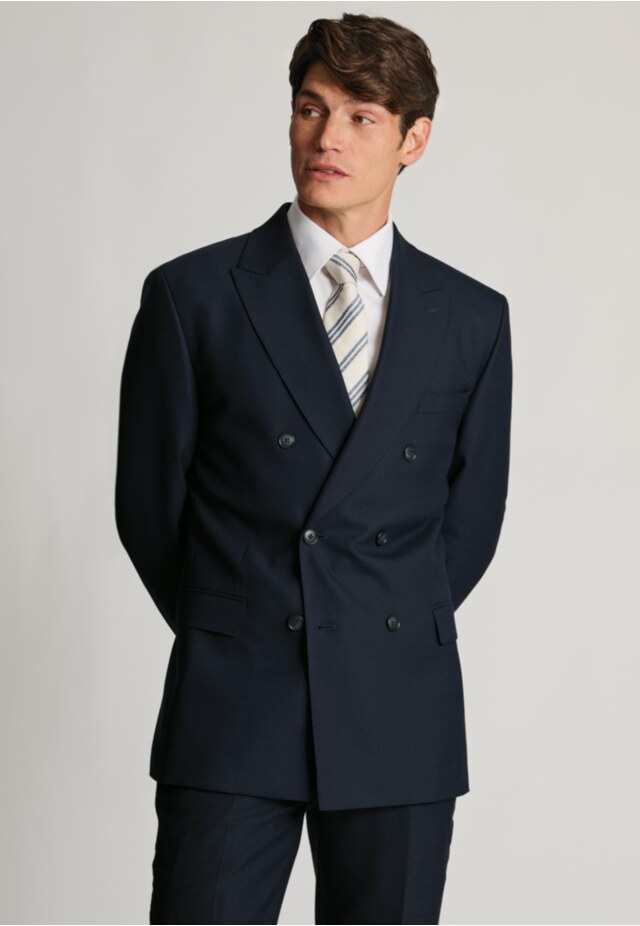 Tailored Fit Wells Navy Wool Blend Double Breasted Suit - Waistcoat Optional