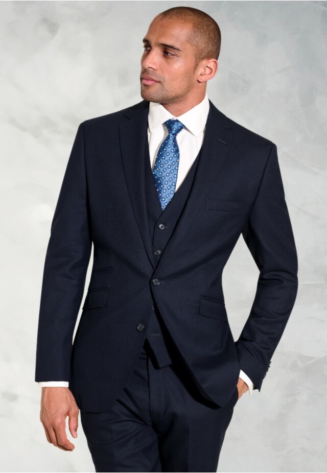 Tailored Fit Wells Navy Wool Blend Suit - Waistcoat Optional