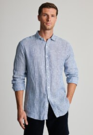 Regular Fit Dark Blue Pure Linen Stripe Shirt