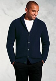 Ellis Navy Textured Lambswool Blend Shawl Collar Cardigan