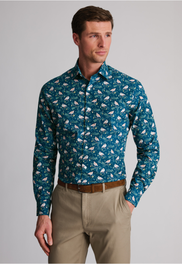 Regular Fit Navy Partridge in a Pear Tree Print Cotton Shirt