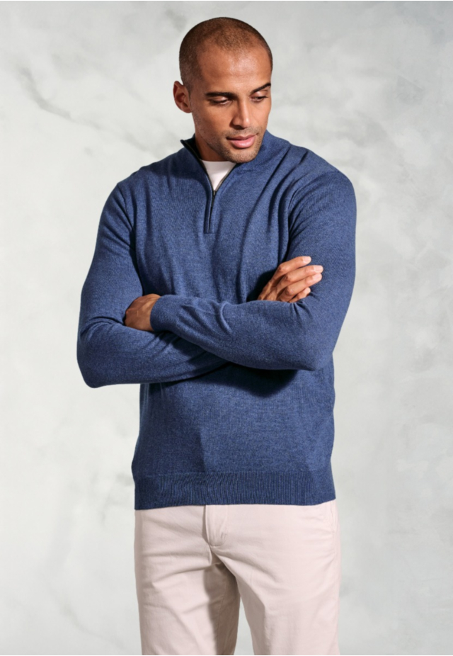 Copenhagen Denim Blue Cotton Merino Quarter Zip Jumper