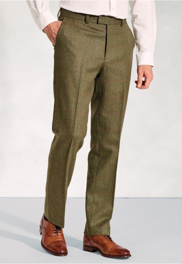 Regular Fit Dalton Olive Check Wool Suit Trousers