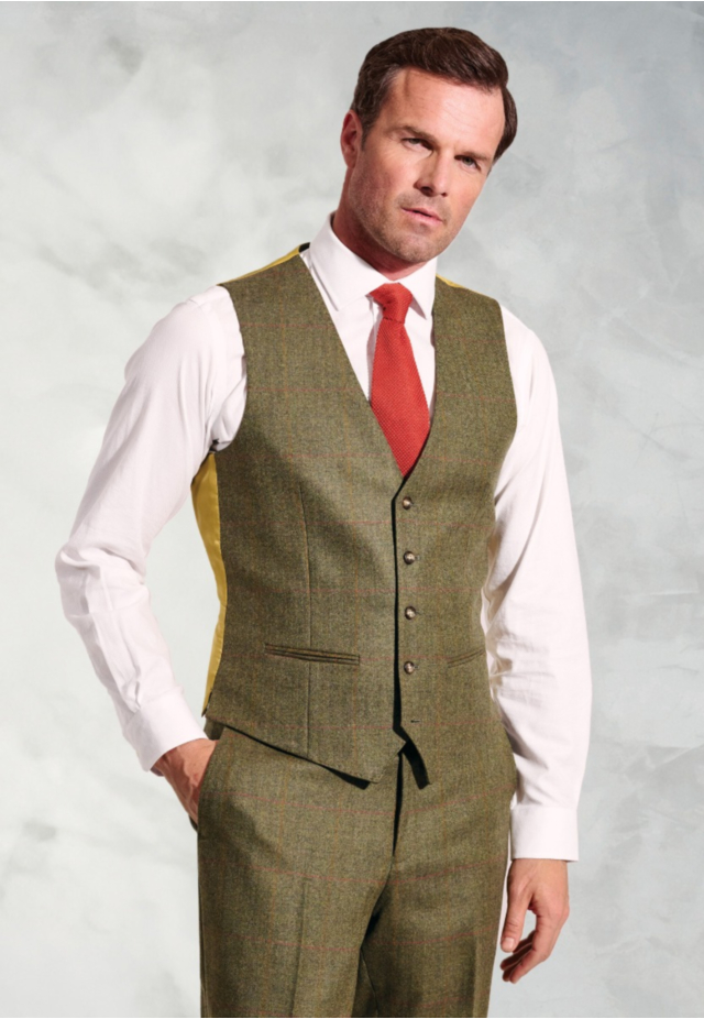 Regular Fit Dalton Olive Check Wool Waistcoat