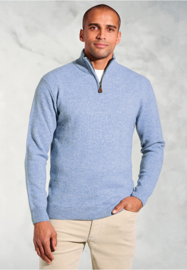 Rutherford Sky Blue Lambswool Blend Quarter Zip Jumper