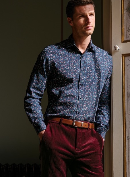 Regular Fit Navy Candy Cane Print Cotton Shirt